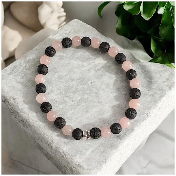 Krystal armb�nd m. rosenkvarts og lavasten | 6 mm stenperler | M�l 16 - 17 cm