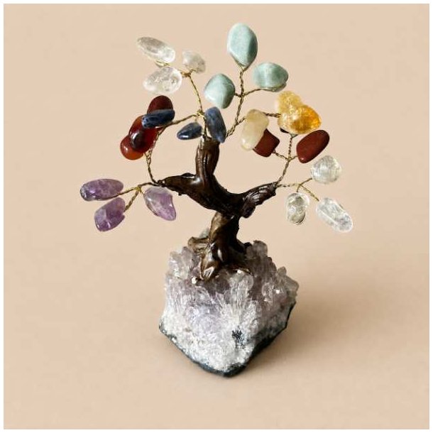 7 chakra tr� med farverige krystaller p� hvid og lys lilla ametystbase
