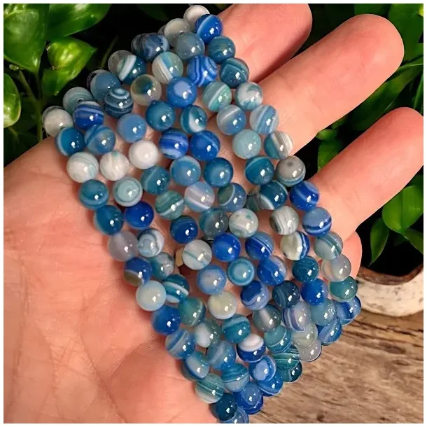 Krystalarmb�nd i bl� agat � 6 mm perler � Ro, styrke og pasform til 15�17 cm 