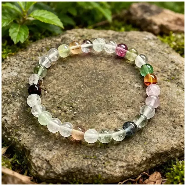 Flerfarvet fluoritarmb�nd 16�17,5 cm � fokus, beskyttelse og spirituel balance