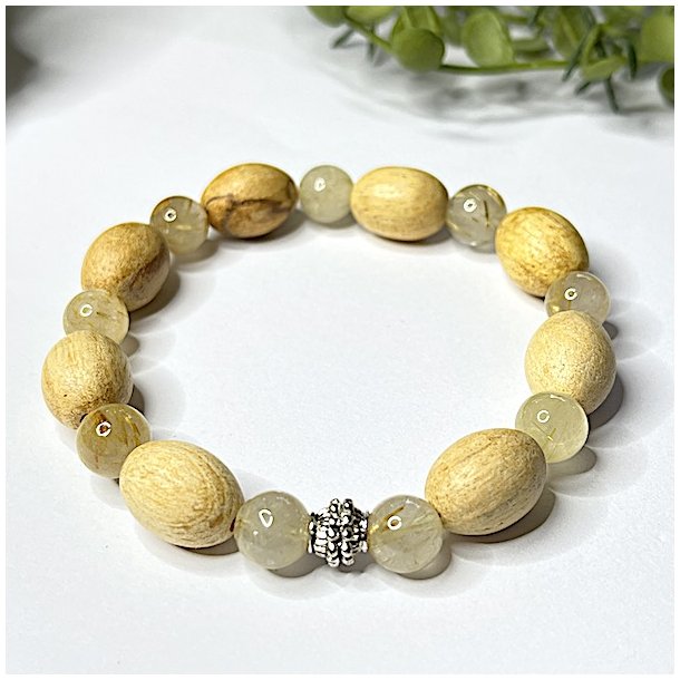Krystal armbnd m. Guldrutil kvarts, palo santo og charm