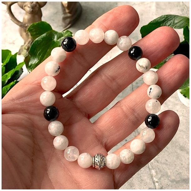 Mnens Skjold Krystal armbnd  8 mm mnesten &amp; turmalin (17-19 cm)