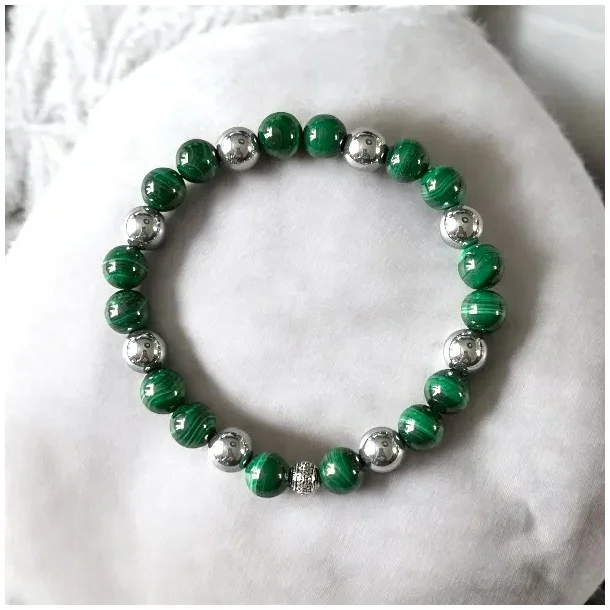 Unisex armbnd med malakit og terahertz perler  strk beskyttelse og energi 17-20 cm