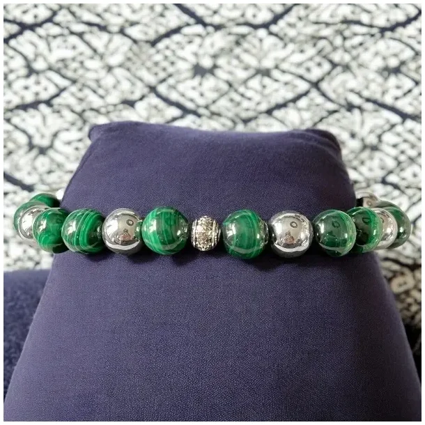 Unisex armbnd med malakit og terahertz perler  strk beskyttelse og energi 17-20 cm