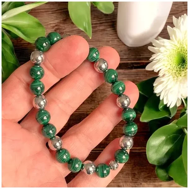 Unisex armbnd med malakit og terahertz perler  strk beskyttelse og energi 17-20 cm