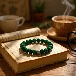 Hndlavet Unisex Malakit Armbnd  Elastisk med 8 mm Stenperler og Forslvet Charm