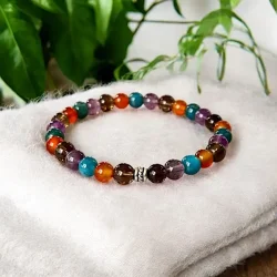 Stttearmbnd mod smerter med bl apatit, karneol, rgkvarts &amp; ametyst  kraftfuld energi