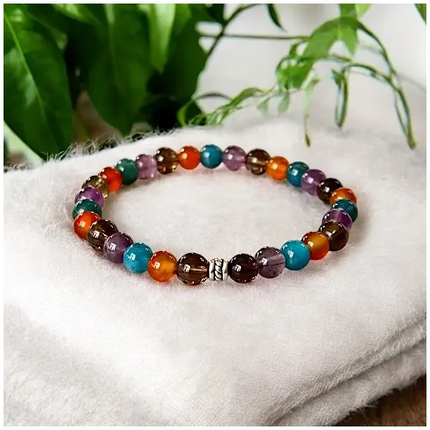 Stttearmbnd mod smerter med bl apatit, karneol, rgkvarts &amp; ametyst  kraftfuld energi