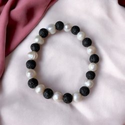 Krystal armb�nd | Ferskvandsperler | lavasten | 8 mm. perler | M�l 16 - 19 cm