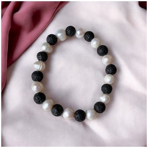 Krystal armbnd | Ferskvandsperler | lavasten | 8 mm. perler | Ml 16 - 19 cm