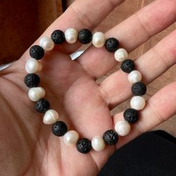 Krystal armbnd | Ferskvandsperler | lavasten | 8 mm. perler | Ml 16 - 19 cm