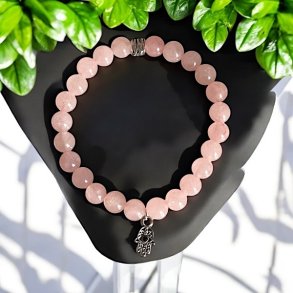 Rosenkvarts Armbnd med Hamsahnd og Sort Turmalin  Spirituel Beskyttelse, 16,5-18 cm