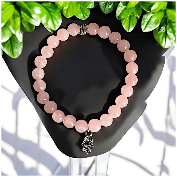 Rosenkvarts Armb�nd med Hamsah�nd og Sort Turmalin � Spirituel Beskyttelse, 16,5-18 cm