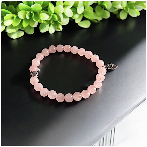 Rosenkvarts Armb�nd med Hamsah�nd og Sort Turmalin � Spirituel Beskyttelse, 16,5-18 cm