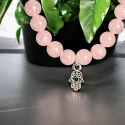 Rosenkvarts Armb�nd med Hamsah�nd og Sort Turmalin � Spirituel Beskyttelse, 16,5-18 cm