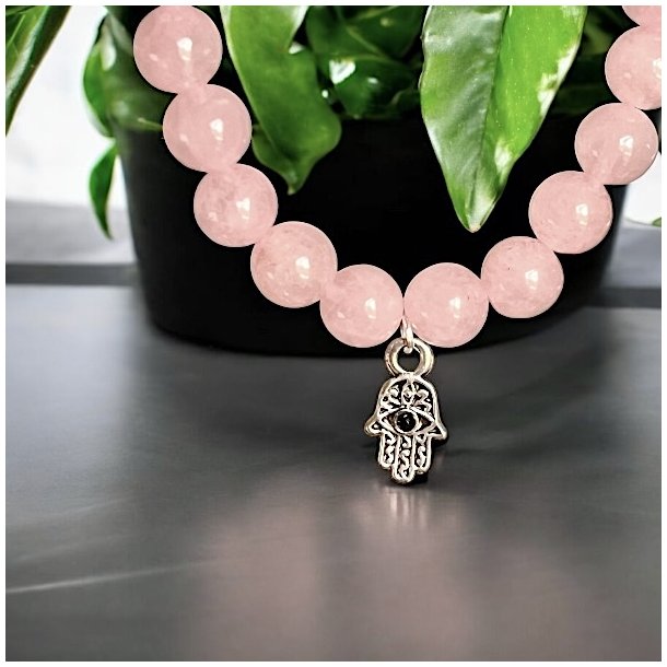 Rosenkvarts Armb�nd med Hamsah�nd og Sort Turmalin � Spirituel Beskyttelse, 16,5-18 cm