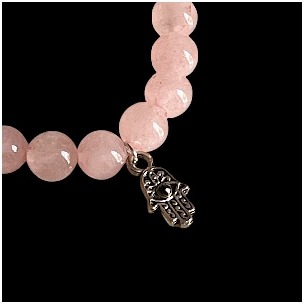 Rosenkvarts Armb�nd med Hamsah�nd og Sort Turmalin � Spirituel Beskyttelse, 16,5-18 cm