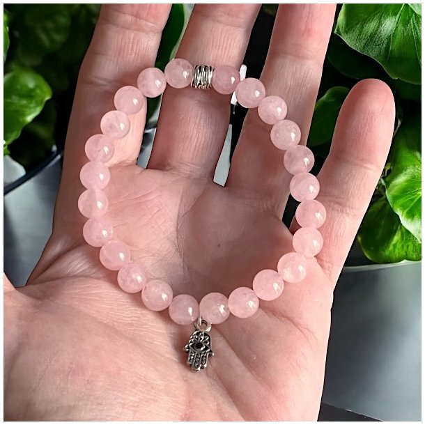 Rosenkvarts Armb�nd med Hamsah�nd og Sort Turmalin � Spirituel Beskyttelse, 16,5-18 cm