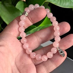 Rosenkvarts Armb�nd med Hamsah�nd og Sort Turmalin � Spirituel Beskyttelse, 16,5-18 cm