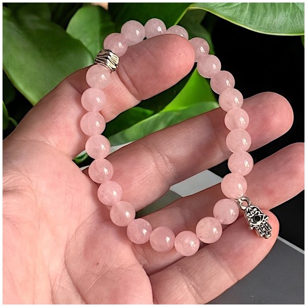 Rosenkvarts Armb�nd med Hamsah�nd og Sort Turmalin � Spirituel Beskyttelse, 16,5-18 cm