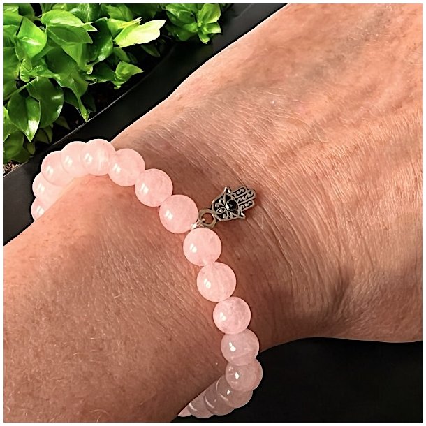 Rosenkvarts Armb�nd med Hamsah�nd og Sort Turmalin � Spirituel Beskyttelse, 16,5-18 cm