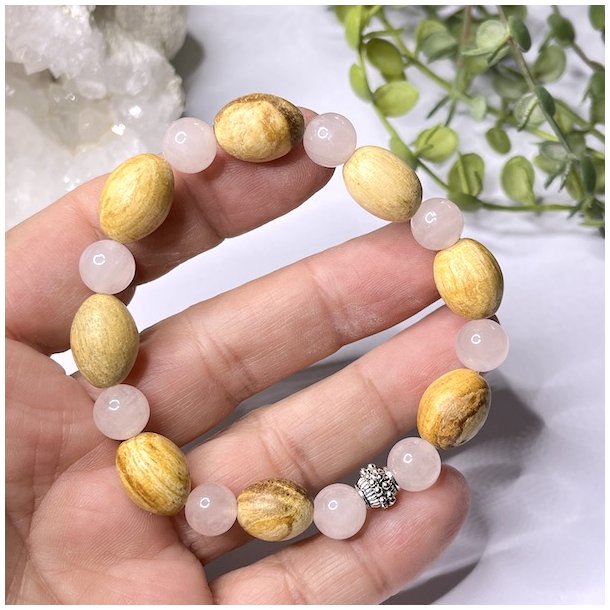 Krystal armbnd m. Rosenkvarts, palo santo og charm