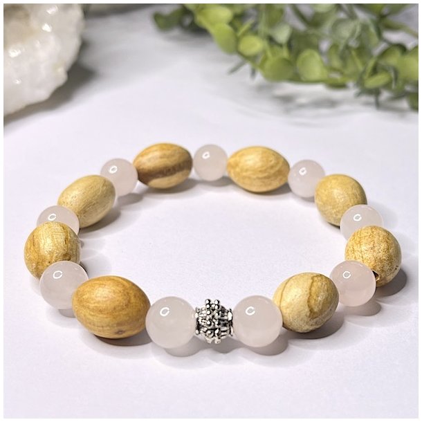 Krystal armbnd m. Rosenkvarts, palo santo og charm