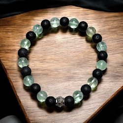 Styrkens Balance  Unisex armbnd af lavasten og grn fluorit, Ml 20-22 cm