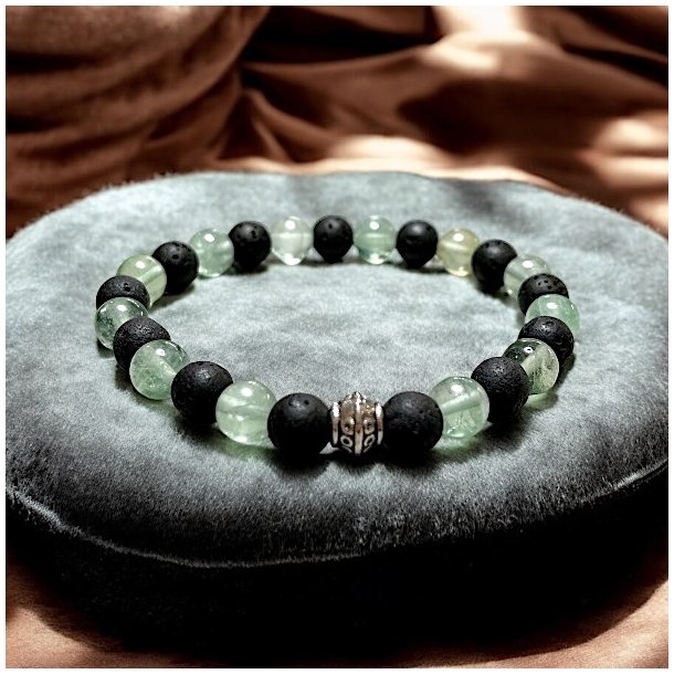 Styrkens Balance  Unisex armbnd af lavasten og grn fluorit, Ml 20-22 cm