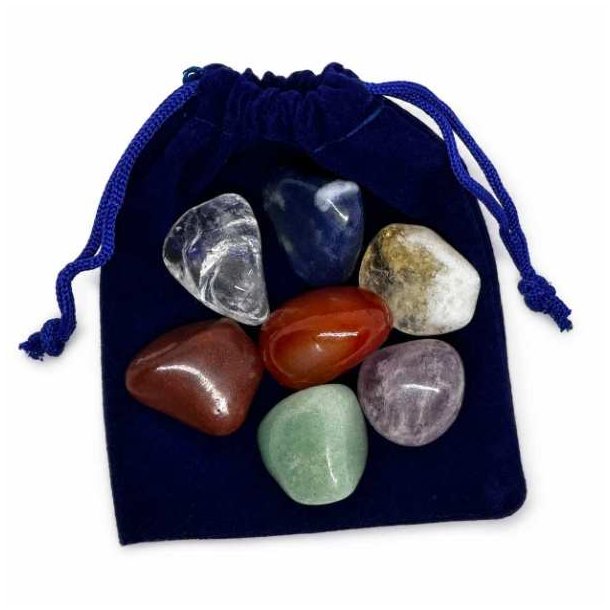 7 Chakra Krystals�t med stofpose og �gte chakra krystaller til meditation, yoga, mindfulness og energiarbejde