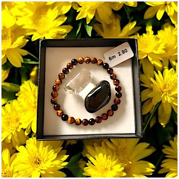 Gaveske med Tigerje Armbnd, Sort Onyx Lommesten &amp; Bjergkrystal
