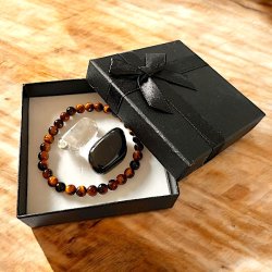 Gaveske med Tigerje Armbnd, Sort Onyx Lommesten &amp; Bjergkrystal