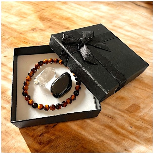 Gaveske med Tigerje Armbnd, Sort Onyx Lommesten &amp; Bjergkrystal