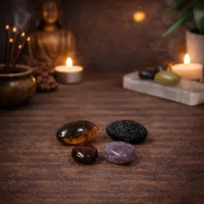 Stjerneskiftets Portal - krystals�t med tektit, r�gkvarts, r�d granat og lepidolit