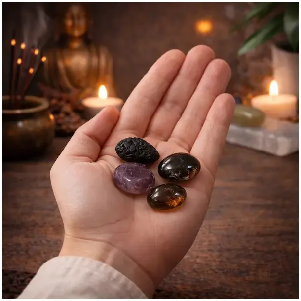 Stjerneskiftets Portal - krystals�t med tektit, r�gkvarts, r�d granat og lepidolit