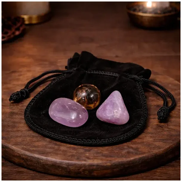 Krystals�t til ADHD med lepidolit, ametyst og r�gkvarts i lommesten