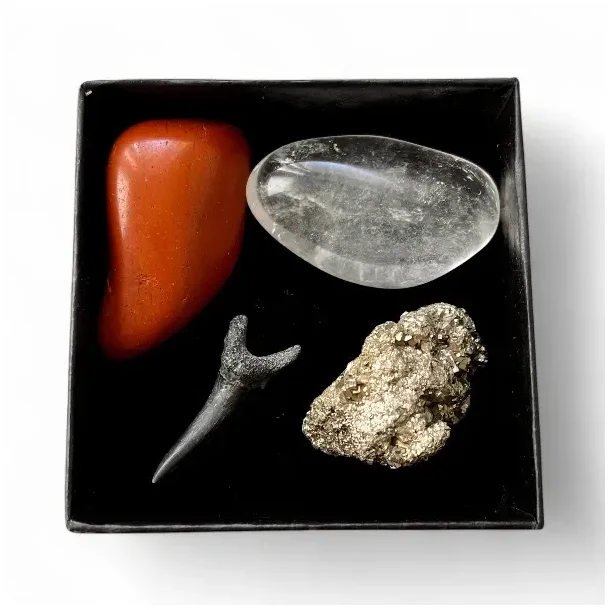 Urkraftens Beskytter krystalst i gaveske med hajtand, jaspis, pyrit og bjergkrystal