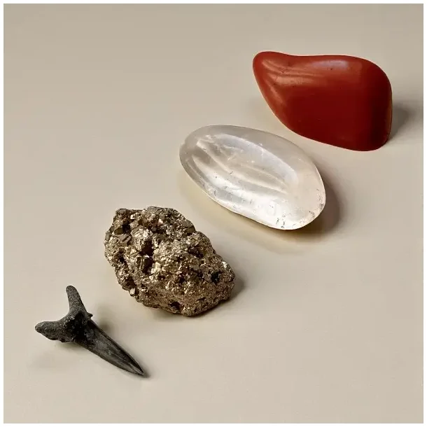 Urkraftens Beskytter krystalst i gaveske med hajtand, jaspis, pyrit og bjergkrystal