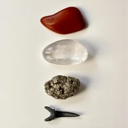 Urkraftens Beskytter krystalst i gaveske med hajtand, jaspis, pyrit og bjergkrystal