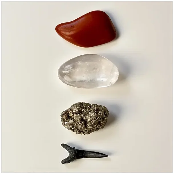 Urkraftens Beskytter krystalst i gaveske med hajtand, jaspis, pyrit og bjergkrystal