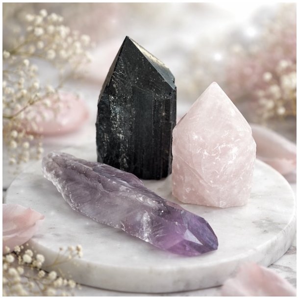 Eksklusivt Stort Krystals�t med Ametyst, Rosenkvarts og Sort Turmalinspids