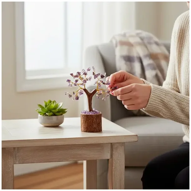 Ametyst krystaltr� p� tr�base med ametystchips 10 x 13 cm � spirituel dekoration