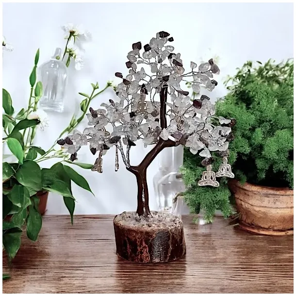 Smukt unikt krystaltr� i ametyst &amp; bjergkrystal med Buddha-charms � ca. 24-25 cm udsl�et