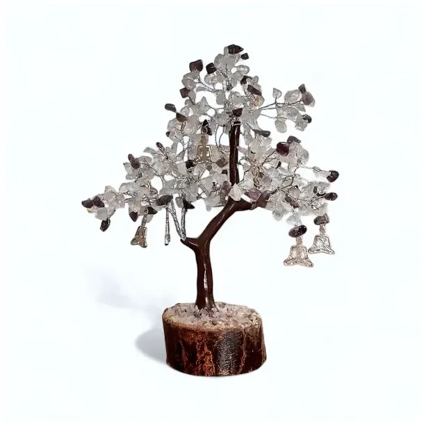 Smukt unikt krystaltr i ametyst &amp; bjergkrystal med Buddha-charms  ca. 24-25 cm udslet