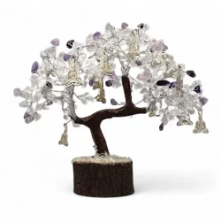 Smukt unikt krystaltr� i ametyst &amp; bjergkrystal med Buddha-charms � ca. 24-25 cm udsl�et