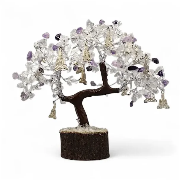 Smukt unikt krystaltr� i ametyst &amp; bjergkrystal med Buddha-charms � ca. 24-25 cm udsl�et