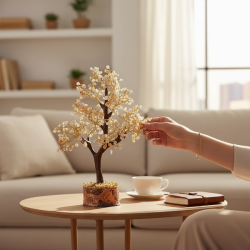 Stort h�ndlavet krystaltr� med citrin p� base af neemtr� - udsl�et m�l ca. 30 cm