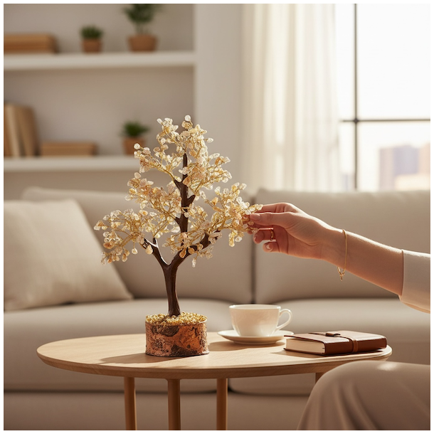 Stort h�ndlavet krystaltr� med citrin p� base af neemtr� - udsl�et m�l ca. 30 cm