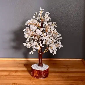 Stort h�ndlavet krystaltr� med rosenkvarts p� base af neemtr� - udsl�et m�l ca. 30 cm