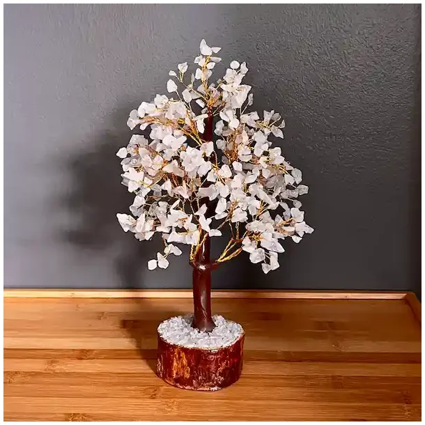 Stort h�ndlavet krystaltr� med rosenkvarts p� base af neemtr� - udsl�et m�l ca. 30 cm
